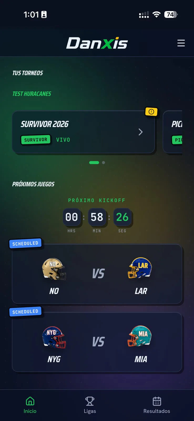 Pantalla de inicio de DanXis con un torneo Survivor, cuenta regresiva al próximo kickoff y próximos juegos